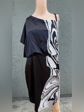 Jessica Simpson Black White One Shoulder Dress Size 14 Abstract Print Statement